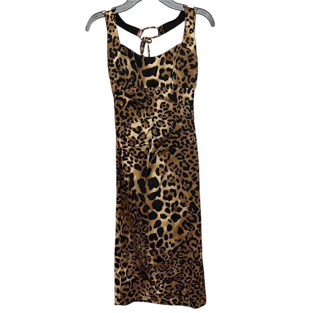 Vintage Cache Halter Dress Size 2 Y2K Cocktail Glam Evening Leopard Satin Edgy